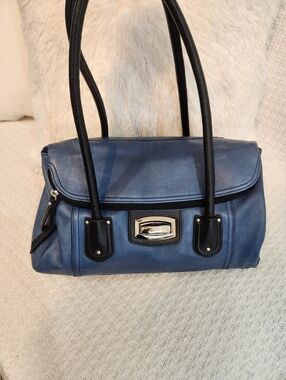 Blue Leather Shoulder Bag with Black Trim